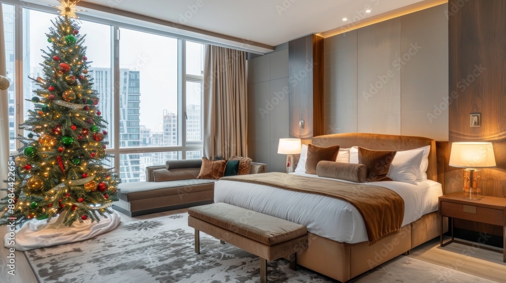Cozy hotel room with modern decor and a decorated Christmas tree next to large windows. Concept of winter holiday, urban stay, festive decor Cozy hotel room with modern decor and a decorated Christmas tree next to large windows. Concept of winter holiday, urban stay, festive decor