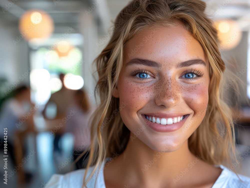 A young woman with blonde hair and blue eyes smiles brightly at the camera, sitting in a cafe. She has a natural, radiant glow. A young woman with blonde hair and blue eyes smiles brightly at the camera, sitting in a cafe. She has a natural, radiant glow.