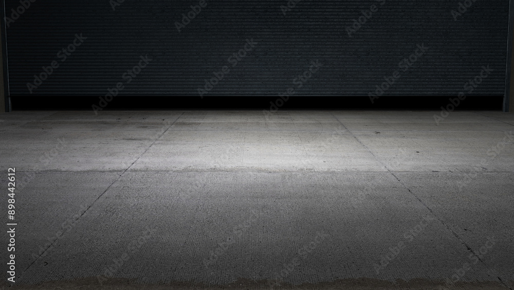 Fototapeta premium Cement road surface with garage door in the background at night. 3d rendering
