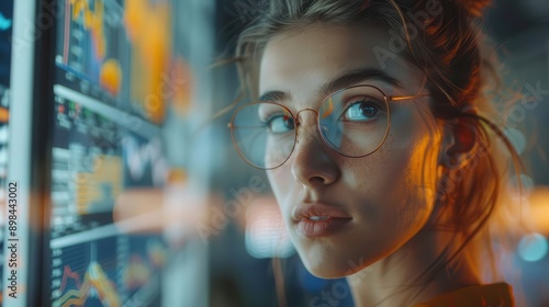 A young woman with glasses looks intently at a digital display. The vibrant colors of the display illuminate her face.