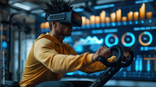 Man Exercising Wearing Virtual Reality Headset. Futuristic Gym