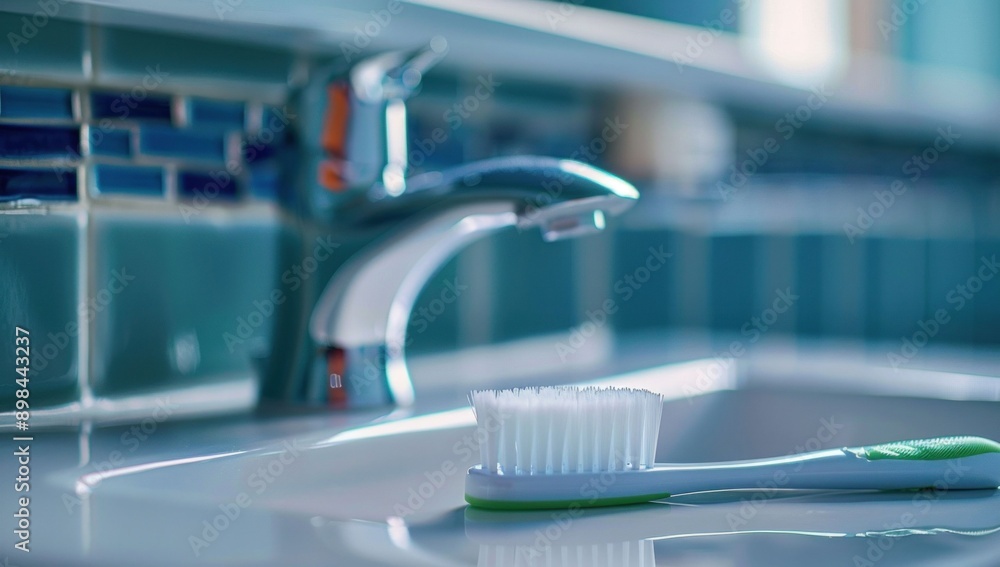 Close-Up of a Toothbrush on a Sink in Bathroom. Generative ai Close-Up of a Toothbrush on a Sink in Bathroom. Generative ai