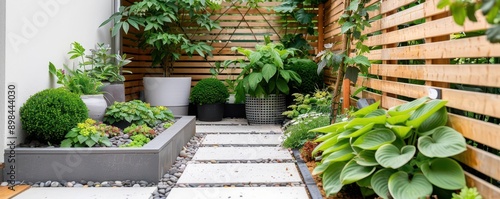 Small terrace garden with a trellis and climbing plants photo