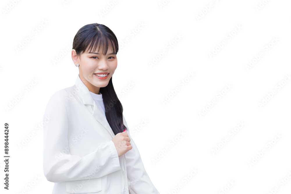 Confident young business Asian working woman who wears white shirt and shoulder bag smiles happily while she is standing to office for work while isolated white background. Confident young business Asian working woman who wears white shirt and shoulder bag smiles happily while she is standing to office for work while isolated white background.