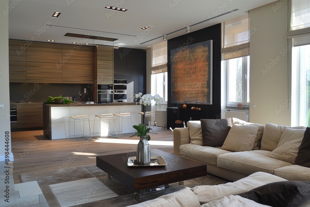 modern kitchen and living room in a luxury house modern kitchen and living room in a luxury house