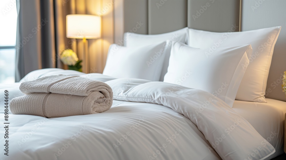 Cozy hotel room with a plush duvet on the bed, perfect for a staycation, hotel, staycation comfort