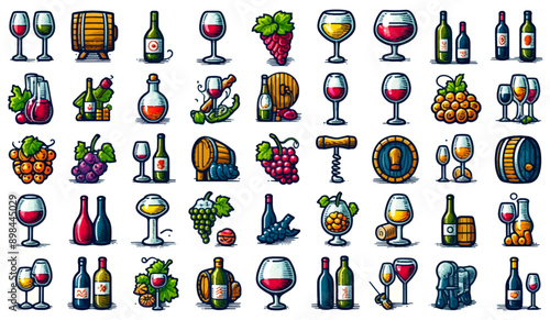 Hand-drawn Collection of Various Wine Bottles Glasses and Grapes