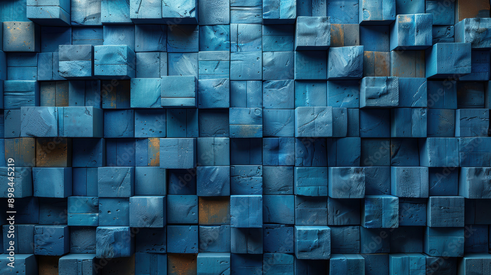 A blue wall made of wooden blocks. The blocks are of different sizes and are arranged in a way that creates a pattern. The wall has a modern and industrial look to it A blue wall made of wooden blocks. The blocks are of different sizes and are arranged in a way that creates a pattern. The wall has a modern and industrial look to it