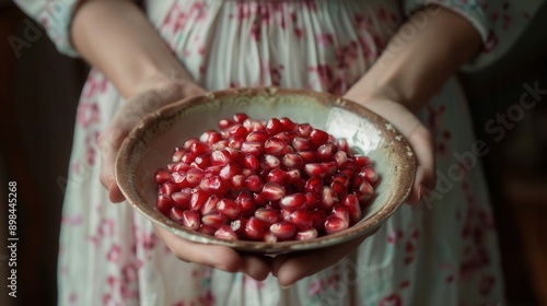 Fresh pomegranate fruit seed grain in plate in hands closeup view