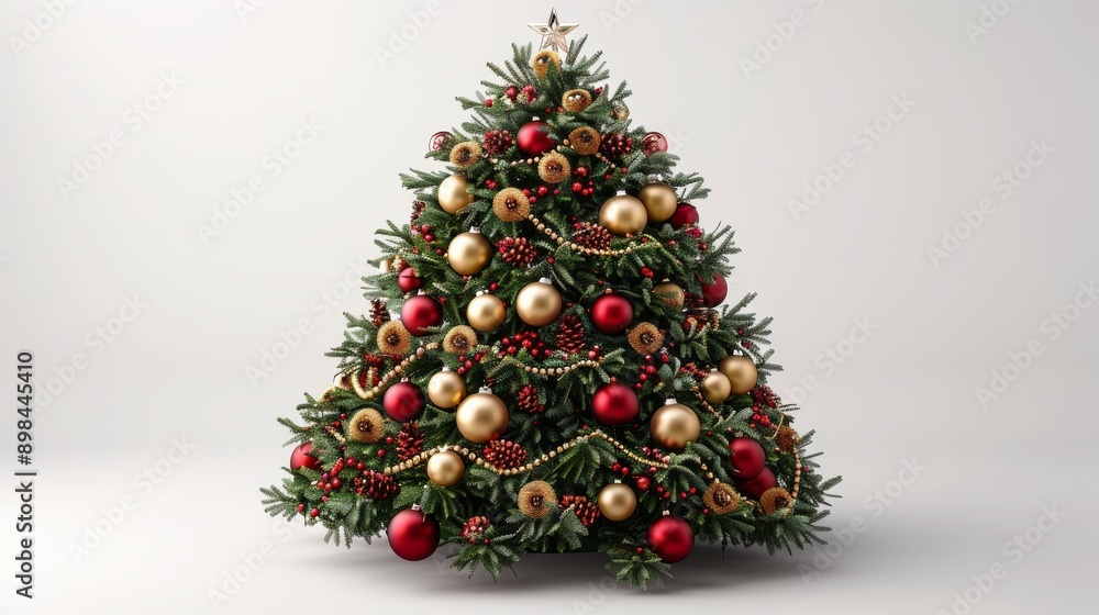 Christmas tree is standing on a white background and is decorated with red and gold baubles Christmas tree is standing on a white background and is decorated with red and gold baubles