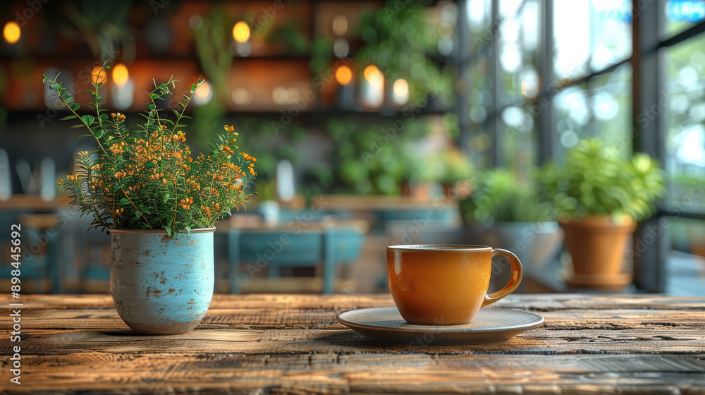 A coffee cup sits on a wooden table next to a potted plant. The scene is cozy and inviting, with the warm colors of the coffee cup and the plant adding a touch of nature to the space A coffee cup sits on a wooden table next to a potted plant. The scene is cozy and inviting, with the warm colors of the coffee cup and the plant adding a touch of nature to the space