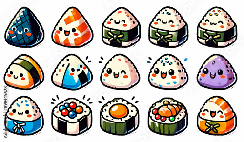 Illustration of Various Cute Onigiri Characters with Different Expressions and Styles