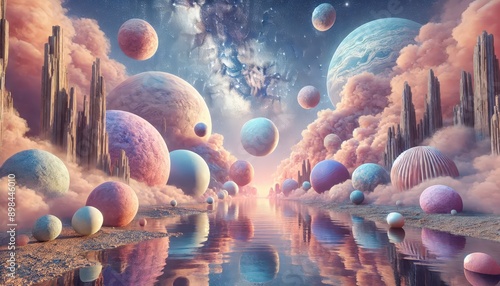 A surreal landscape with tall, spiky structures rising from a field of pastel-colored planets, with a river reflecting the cloudy sky and distant planets