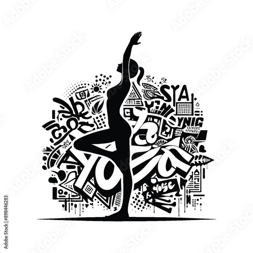 Meditation, yoga  female player in graffiti tags, street art pattern illustration, emblem shield badge