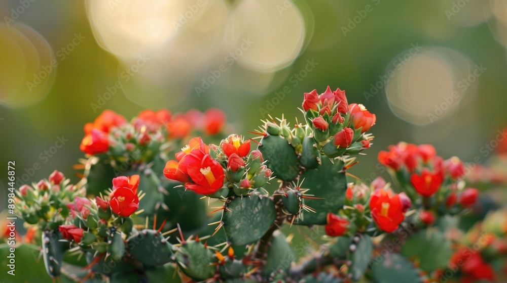 Euphorbia flowers with prickly stems and red blooms in selective focus decorative plant background Euphorbia flowers with prickly stems and red blooms in selective focus decorative plant background