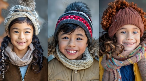 Three joyful children from different ethnic backgrounds, smiling warmly