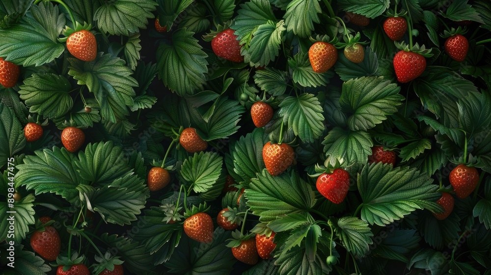 Obraz premium Hydroponic strawberries with lush green foliage and ripe red berries