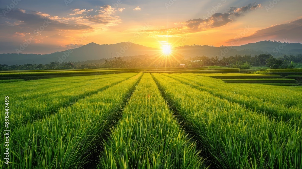 Idyllic countryside with expansive rice fields and a setting sun Idyllic countryside with expansive rice fields and a setting sun