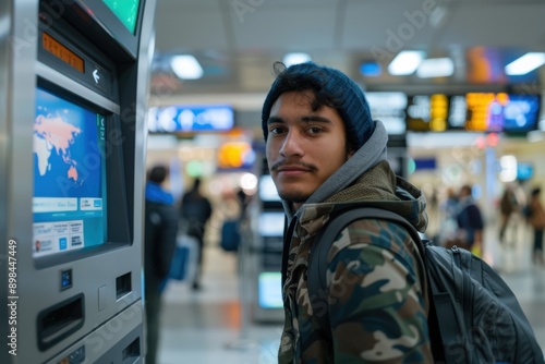 A man in camo jacket and beanie uses a ticket machine in a busy airport terminal, with a colorful map on the screen and departure boards in the background.