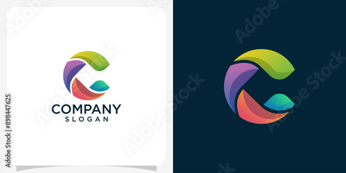 Initial lowercase letter c, curve rounded logo, gradient vibrant colorful glossy colors on black background