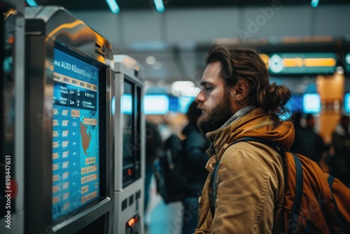 Traveler checking flight details on a digital information board in a busy modern airport, signifying the global connectivity and bustling atmosphere of travel hubs. photo