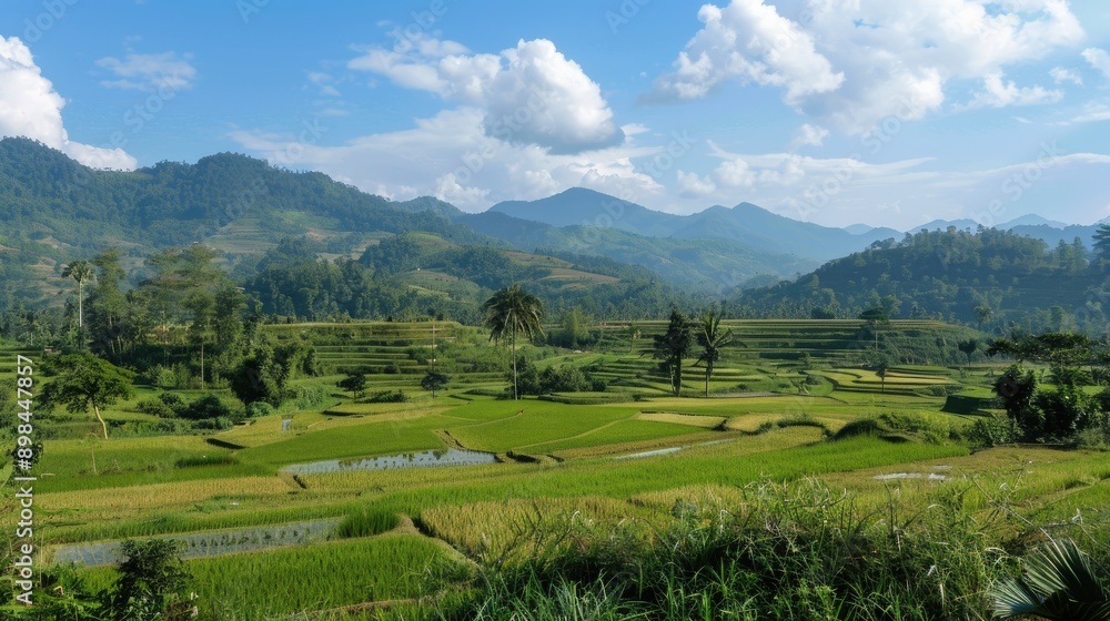 Picturesque view of rice paddies against a backdrop of rolling hills Picturesque view of rice paddies against a backdrop of rolling hills