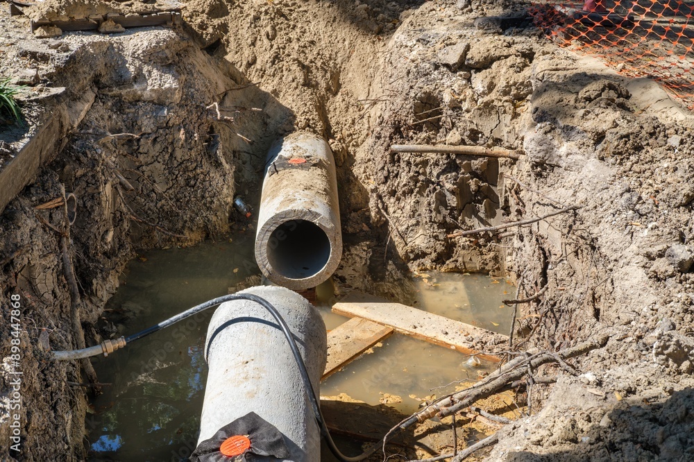 Exposed Damaged Pipes and Standing Water in Excavated Hole During Street Repair Project in New Orleans, Louisiana, USA