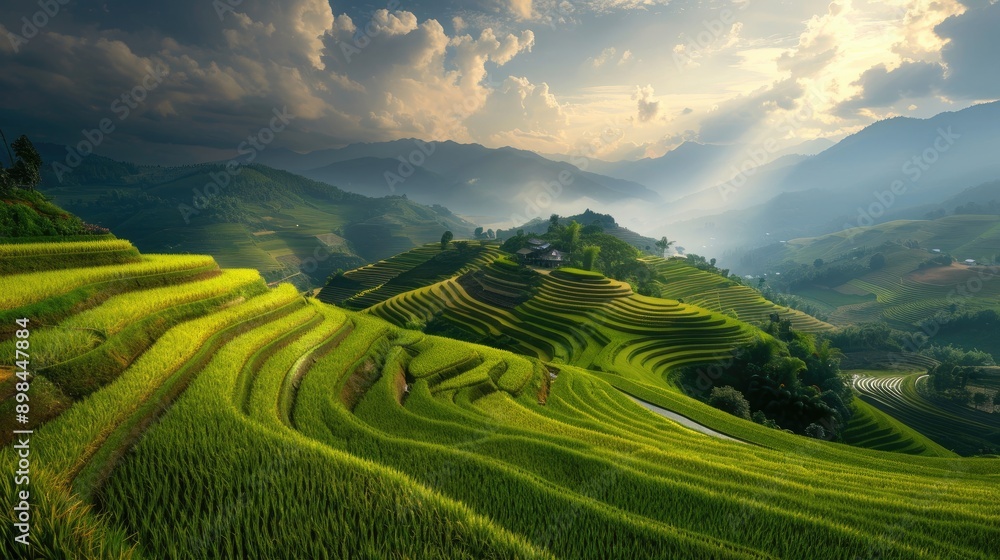 Picturesque view of rice paddies against a backdrop of rolling hills Picturesque view of rice paddies against a backdrop of rolling hills