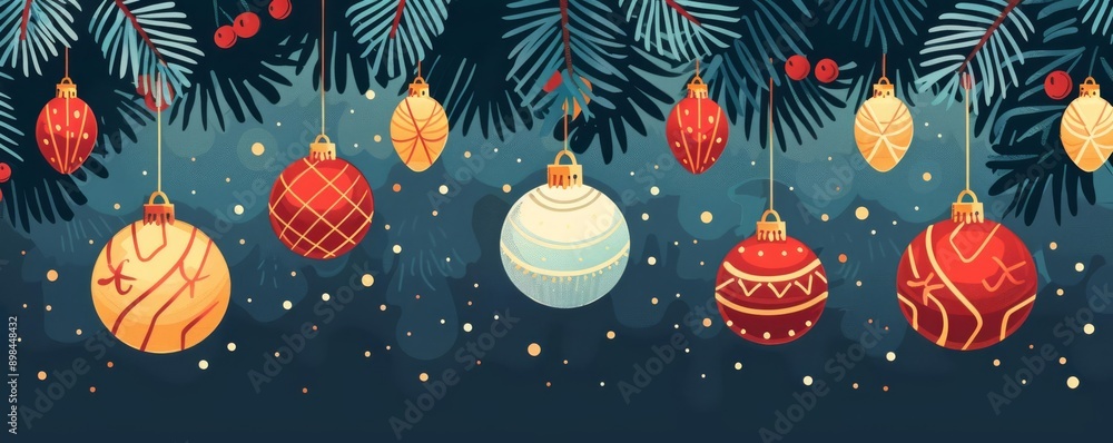 Christmas ornaments, hanging on a tree, flat design illustration Christmas ornaments, hanging on a tree, flat design illustration
