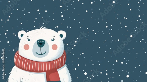 Obraz na płótnie Polar bear with a scarf, snowy background, flat design illustration w salonie