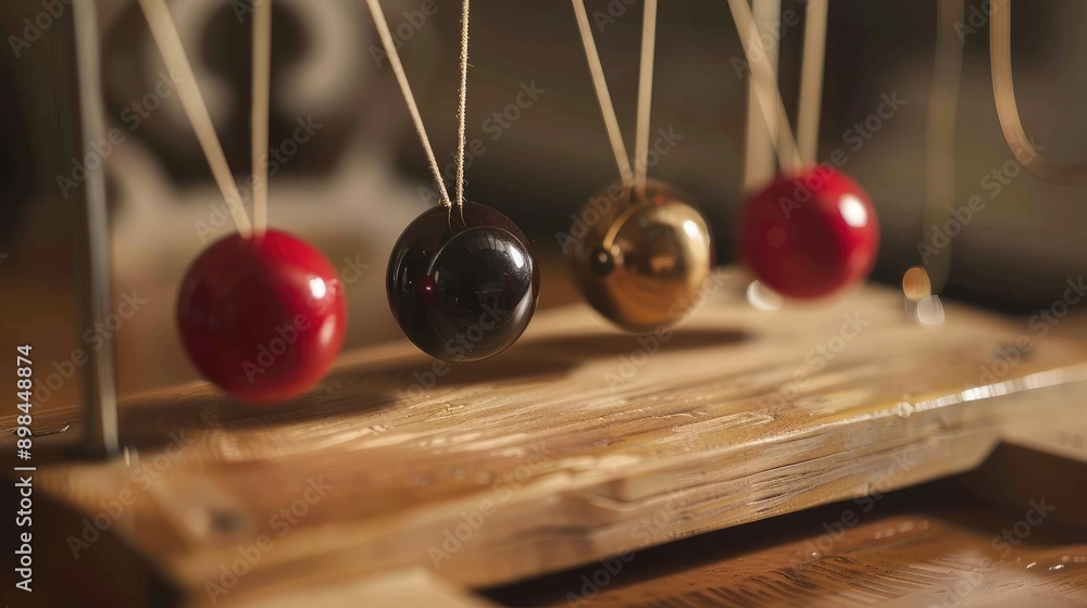 Close-up of a Newton’s cradle with balls in motion, illustrating momentum Close-up of a Newton’s cradle with balls in motion, illustrating momentum