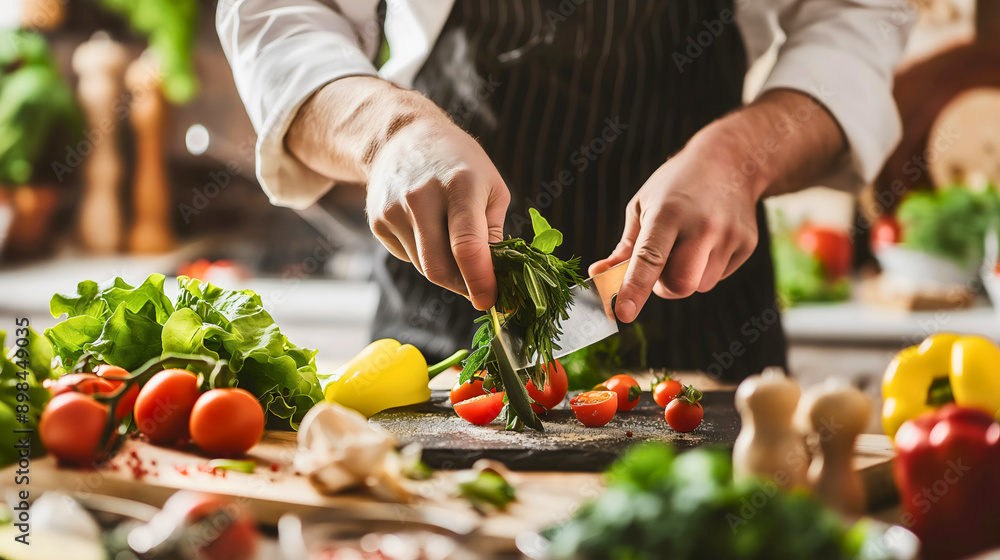 Closeup hands of male professional gastronomy chef cutting or chopping vegetables, tomato parsley and pepper on cutting board in kitchen interior, preparing vegetarian meal food, healthy oraganic meal Closeup hands of male professional gastronomy chef cutting or chopping vegetables, tomato parsley and pepper on cutting board in kitchen interior, preparing vegetarian meal food, healthy oraganic meal
