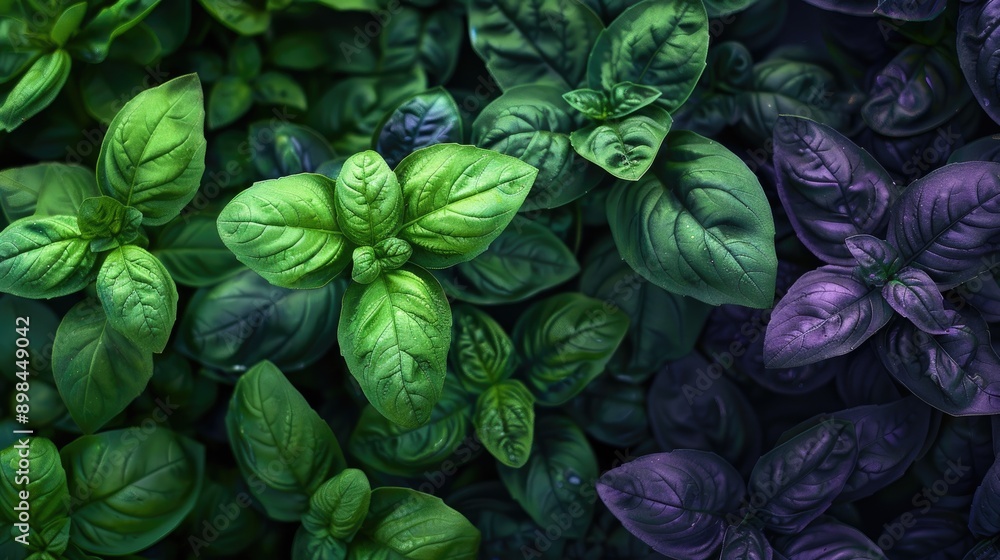 Close-up of hydroponic basil and mint with deep green and purple hues Close-up of hydroponic basil and mint with deep green and purple hues