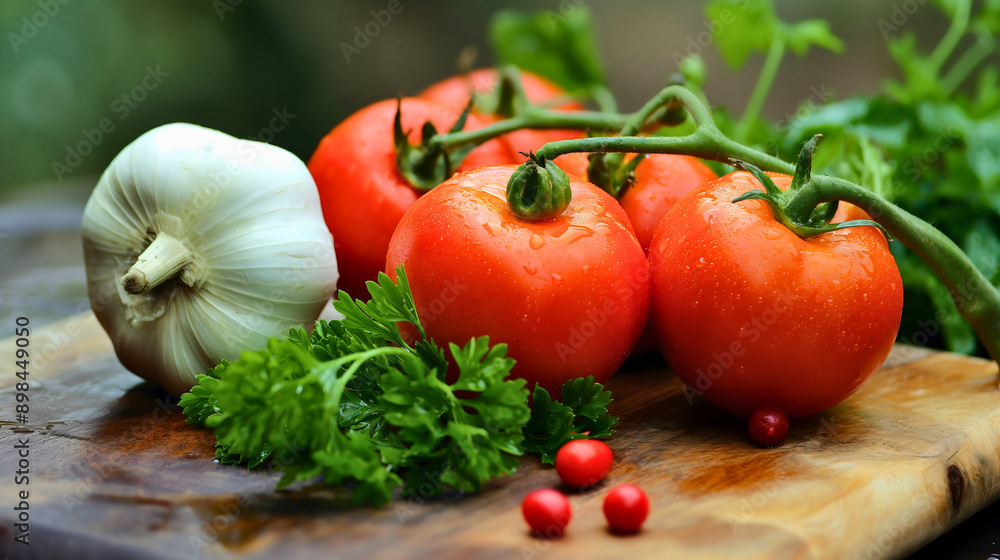 Fresh organic ripe vegetables, including tomatoes, parsley, and garlic on a cutting board, vitamins and minerals, health and body detox, healthy vegetarian or vegan food, cooking and diet Fresh organic ripe vegetables, including tomatoes, parsley, and garlic on a cutting board, vitamins and minerals, health and body detox, healthy vegetarian or vegan food, cooking and diet