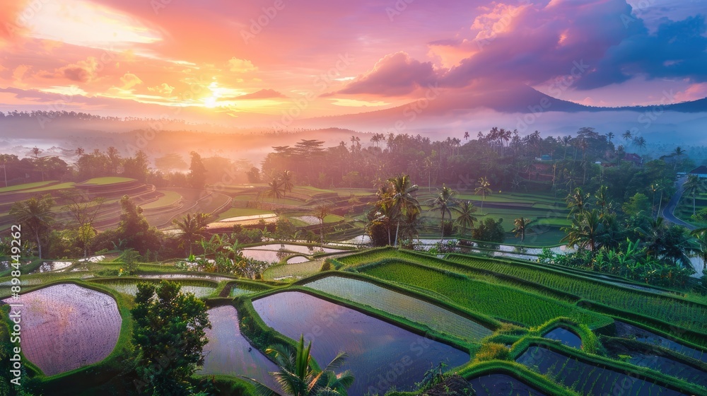 Fototapeta premium Colorful sunrise over a vast expanse of rice paddies