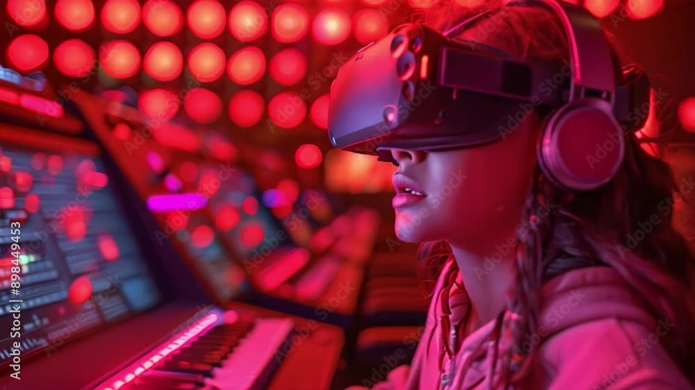 A young student wears a VR headset and headphones while engaging in a virtual music lesson. A young student wears a VR headset and headphones while engaging in a virtual music lesson.