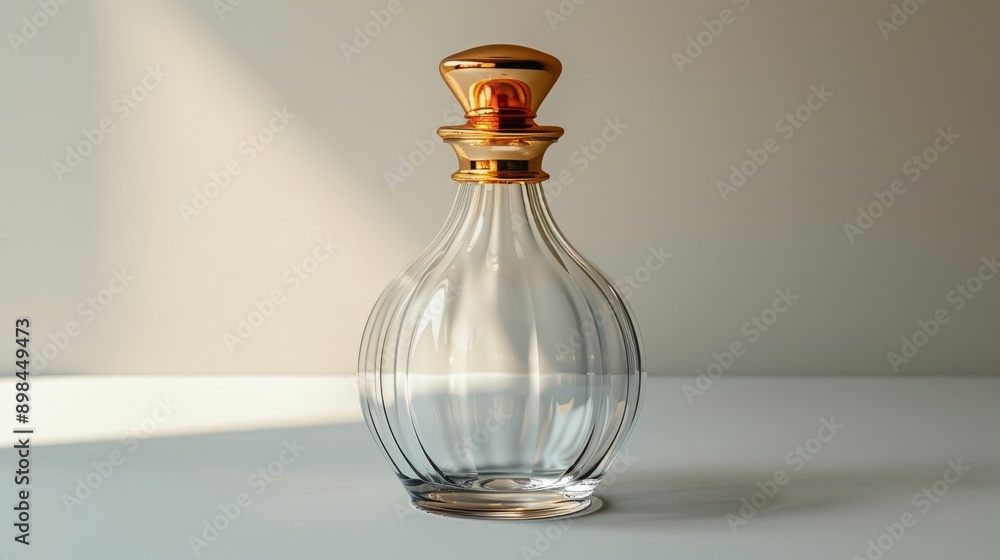 Empty glass decanter with golden cap standing on a white surface, catching the light in a minimalist setting