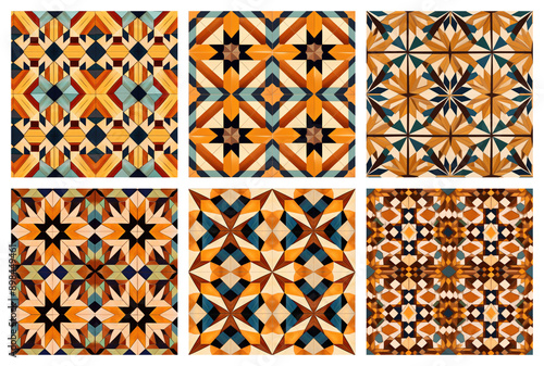 Intricate Geometric Seamless Patterns Set in Earthy Tones for Textiles and Backgrounds