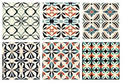 Dynamic Seamless Geometric Patterns in Black Beige Teal Blue Orange for Textiles and Backgrounds