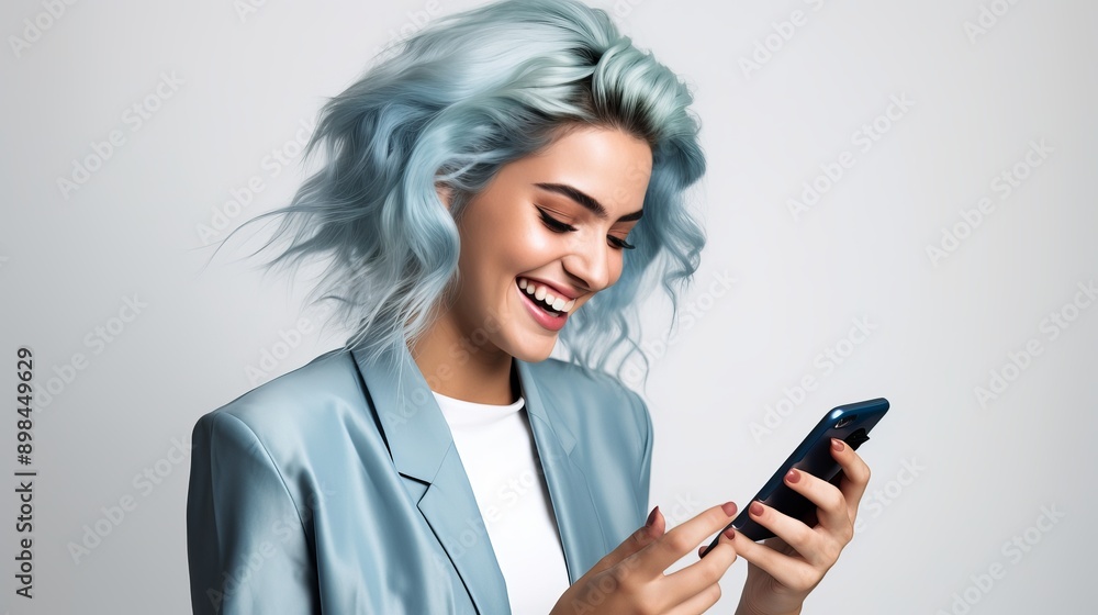 Happy Woman in Suit Using Smartphone, White Background Happy Woman in Suit Using Smartphone, White Background