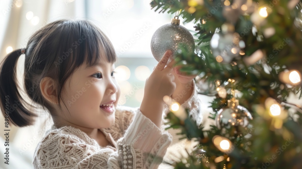 Asian girl decorating a Christmas tree, concepts of holiday season, childhood joy, festive decor, Christmas celebration Asian girl decorating a Christmas tree, concepts of holiday season, childhood joy, festive decor, Christmas celebration