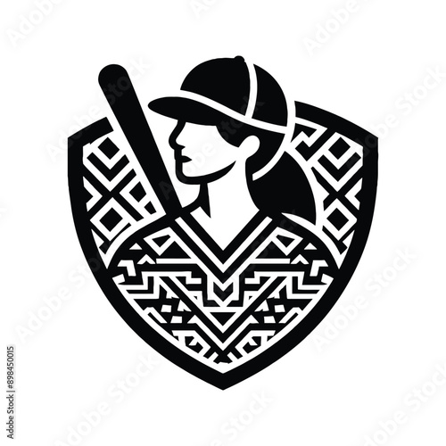 baseball female player in ethnic polynesia pattern illustration, emblem shield badge photo