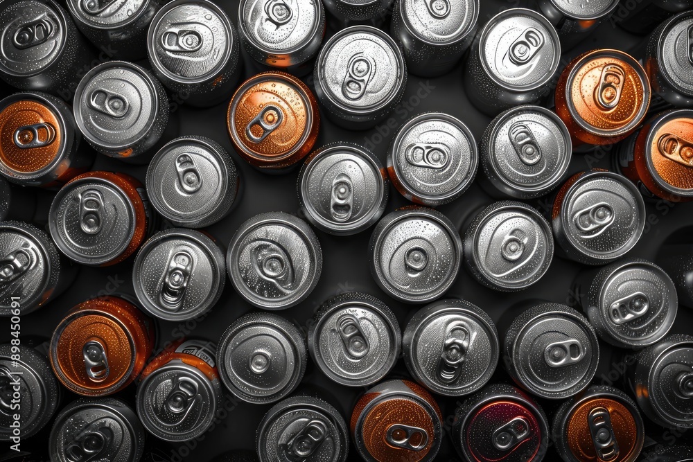 Color Abstract pattern many soda drinks cans top view on dark background. Recycling aluminum or metal empty cans from above. Group of cans for reuse and recycle. Color Abstract pattern many soda drinks cans top view on dark background. Recycling aluminum or metal empty cans from above. Group of cans for reuse and recycle.