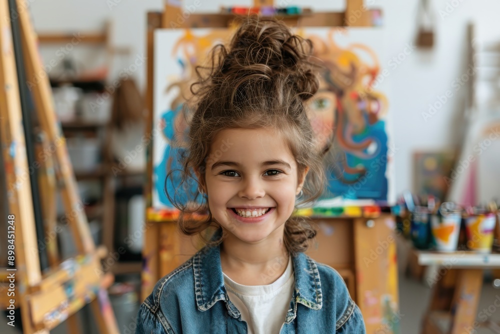 A young artist wears a denim jacket and smiles confidently in front of her colorful artwork on an easel, showing a blend of creativity and joy in her art studio. A young artist wears a denim jacket and smiles confidently in front of her colorful artwork on an easel, showing a blend of creativity and joy in her art studio.