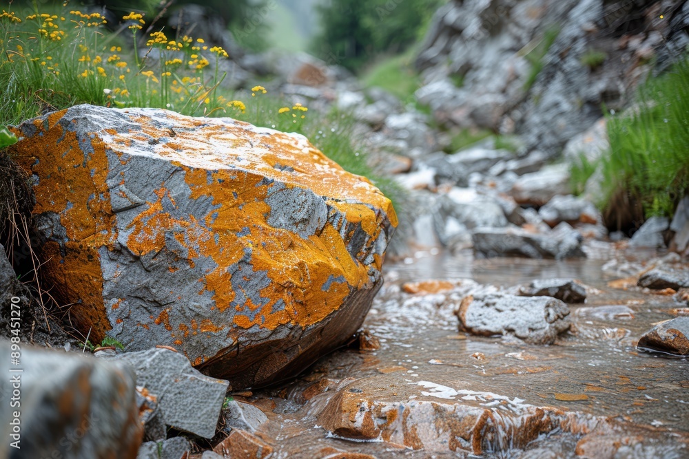 The image depicts a scenic rocky landscape with a prominent boulder covered in orange and grey lichens with a small stream running beside it, surrounded by lush green grass and yellow flowers in a The image depicts a scenic rocky landscape with a prominent boulder covered in orange and grey lichens with a small stream running beside it, surrounded by lush green grass and yellow flowers in a
