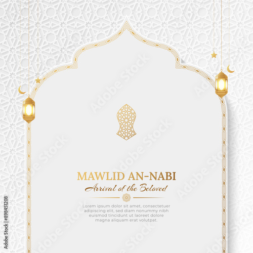 Mawlid an Nabi elegant social media post template with Islamic pattern arch frame