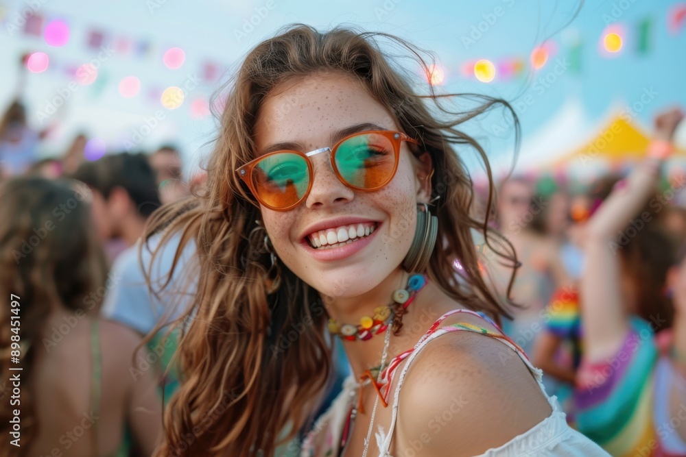 A girl wearing stylish sunglasses and vibrant attire enjoys a colorful outdoor festival, reflecting the joy and exuberance of festive celebrations under bright skies. A girl wearing stylish sunglasses and vibrant attire enjoys a colorful outdoor festival, reflecting the joy and exuberance of festive celebrations under bright skies.