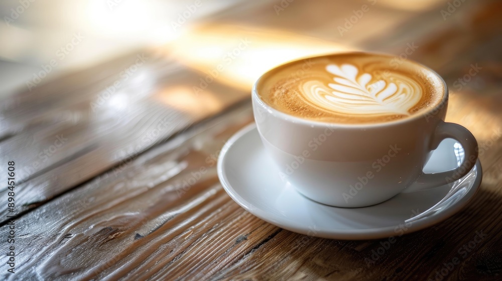 Hot cappuccino with latte art on wood table Hot cappuccino with latte art on wood table