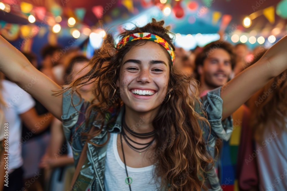 A young woman with wavy hair and a colorful headband raises her arms in excitement, surrounded by a joyful crowd amid vibrant festival lights and decorations. A young woman with wavy hair and a colorful headband raises her arms in excitement, surrounded by a joyful crowd amid vibrant festival lights and decorations.