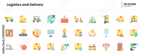 Logistics and Delivery icon set. delivery, shipping, logistics, box, courier, cargo, warehouse, truck, transport, package, shipment. Vector flat icon illustration